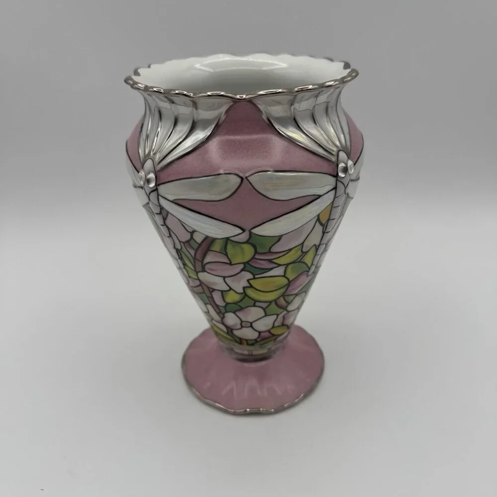 VTG Louis Tiffany Bradford Exchange Glittering Dragonflies Porcelain Vase Pink - Picture 2 of 9